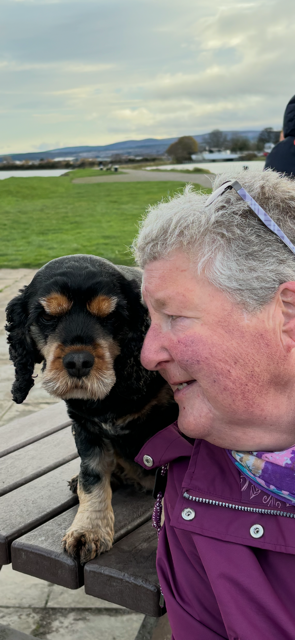 Woman sitting on bench with a small dog