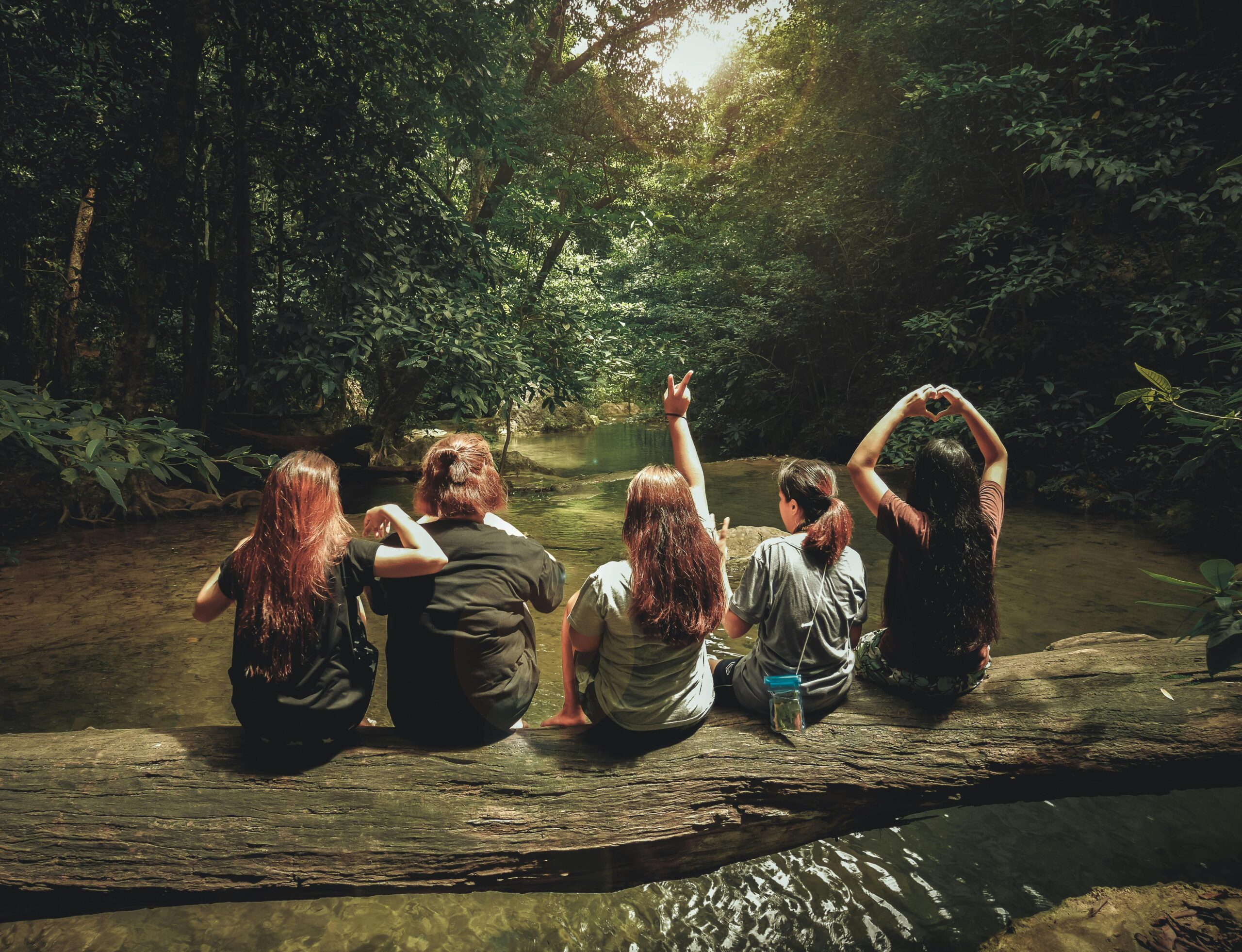 Group of people sitting on a tree outside