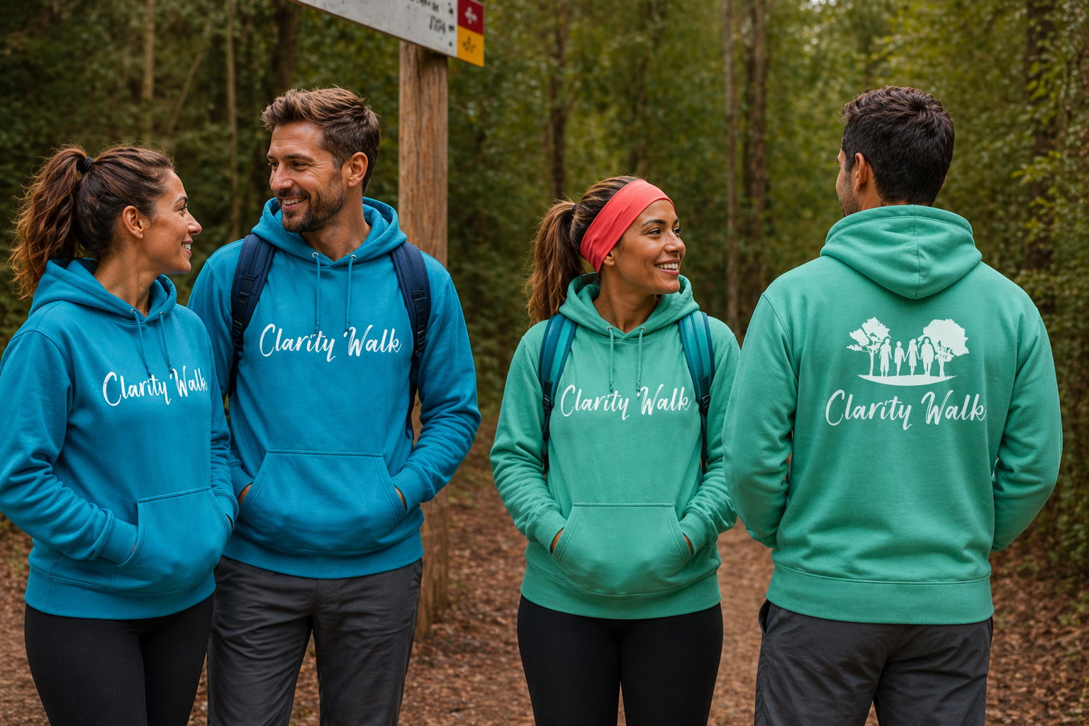 A group of young women and men in a forest wearing Clarity Walk hoodies