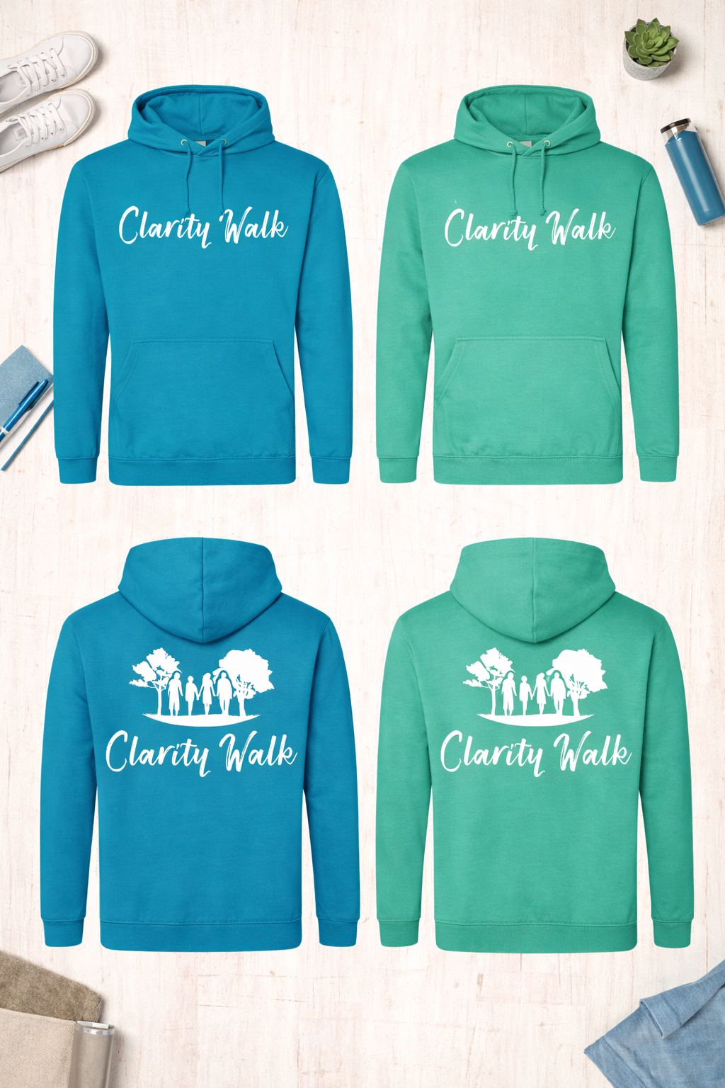 Picture of the front and back of hoodies in green and blue with Clarity Walk logo.