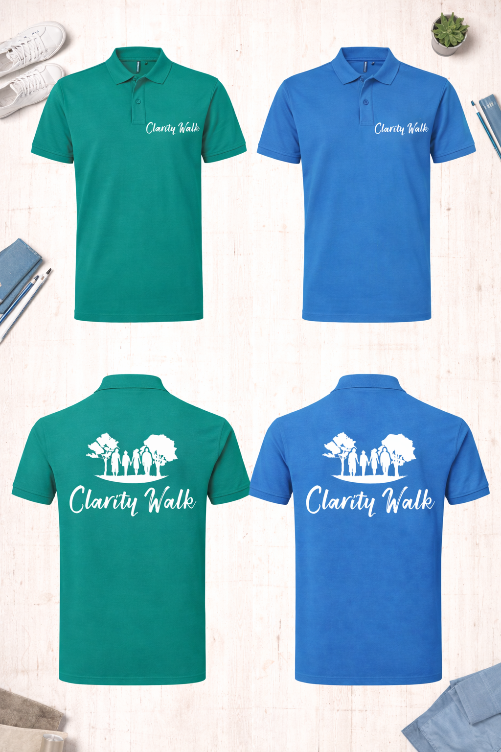 Picture of the front and back of polo shirts in green and blue with Clarity Walk logo.
